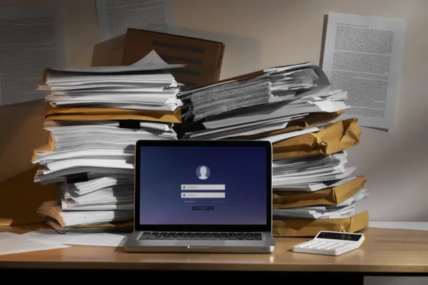 Na zdjęciu widzimy biurko zapełnione dokumentami, teczkami, laptopem, kalkulatorem i smartfonem. Ekran laptopa pokazuje stronę logowania z miejscem na login i hasło. W tle, na ścianie, przypięto kilka kartek z tekstem.